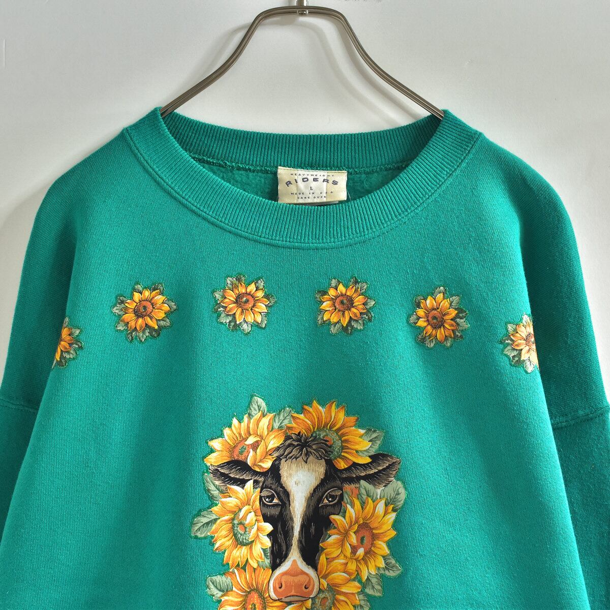 90s アメリカ製 RIDERS ウシさん シュールデザイン パッチプリント スウェットシャツ ヴィンテージ トレーナー アニマル ビンテージ メンズLサイズ
