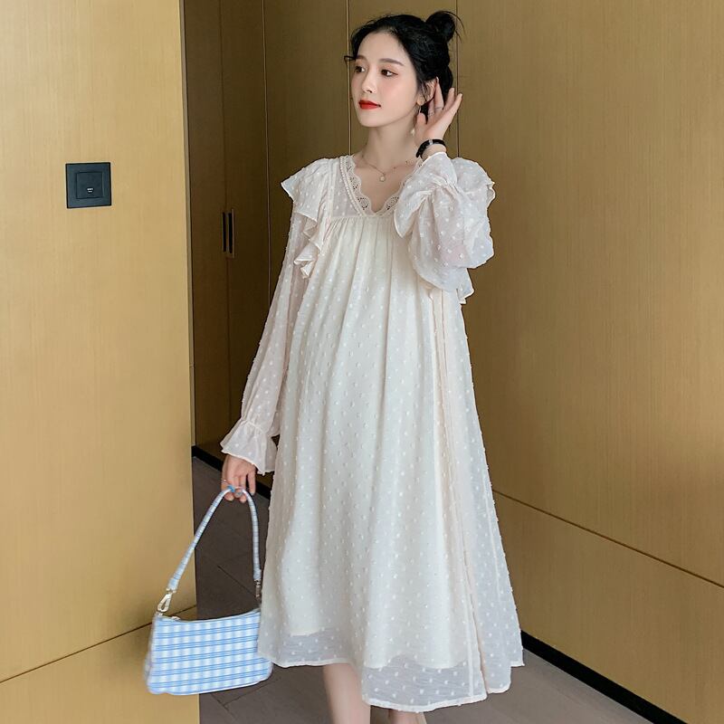 【新作】【送料無料】 マタニティウェア2020秋と冬の新しいシフォンフリルVネックドレス小さな新鮮なミドル丈ドレス妊婦-アリババ オータム 秋物 ウィンター 冬物 expec222763960748