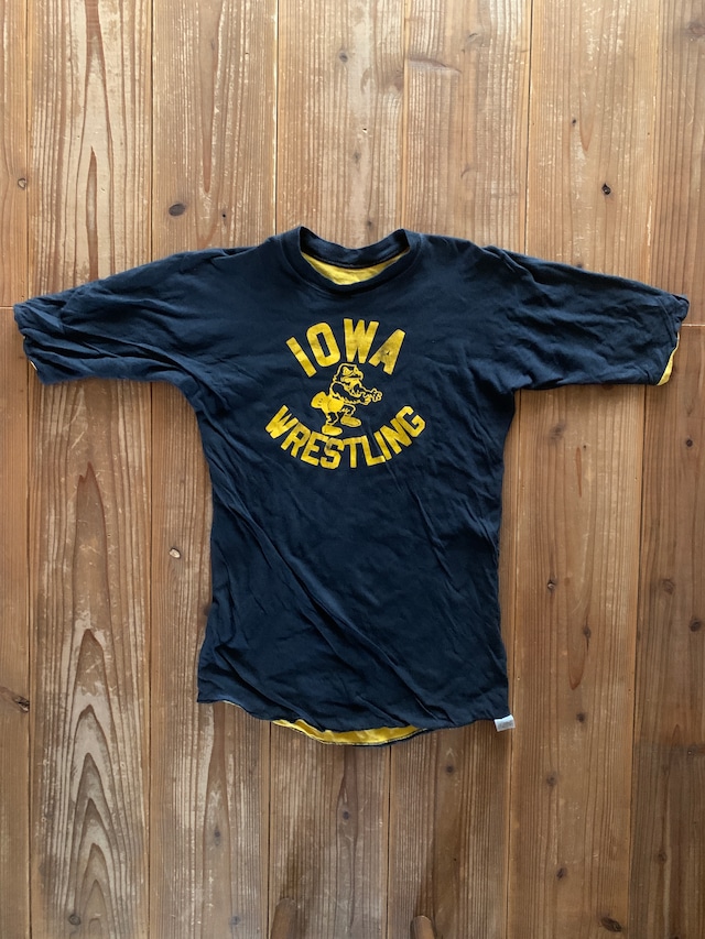 70's RUSSELL IOWA WRESTLING リバーシブルTシャツ ダブルフェイス 金タグ 黒×黄 表記(XL)