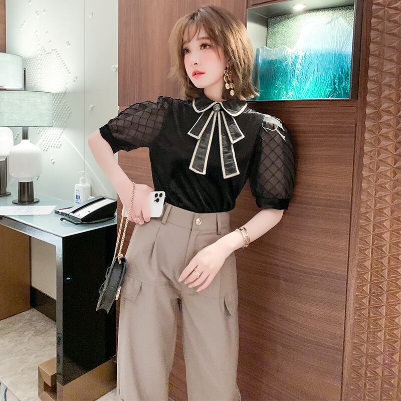 スタンダードカラーリボンメッシュスリーブシャツ サマースタイル レトロ エレガント 夏物 MIUCO97478661211