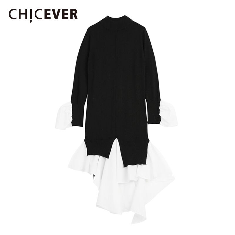 CHICEVERパッチワークレディースセーターフレア長袖ヒットカラー不規則なロングニットプルオーバートップス2020春服 スプリング 春物 6base537308447866