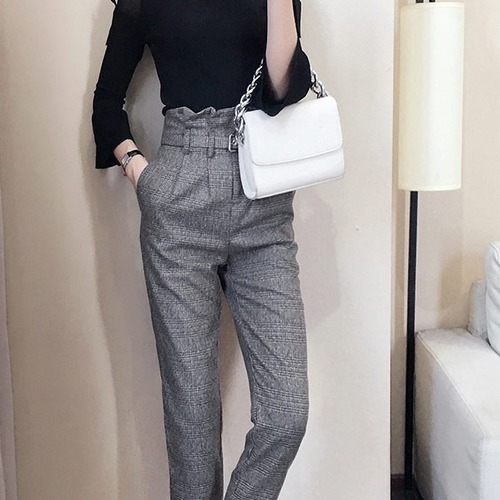 セットアップ　ラウンドネック　裾フリル　チェック柄　クロップドパンツ　七分丈　タイト　大人可愛い　お出かけ　レディース　BACB0134