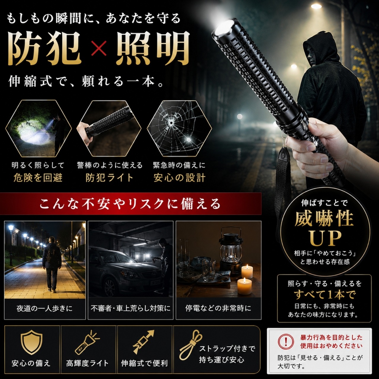【警棒代わりになる】伸縮式防犯ライト 約35→46cm 350-1000lm 多段階点灯 威嚇性UP 破窓機能 高硬度アルミ ストラップ付き 護身・非常用