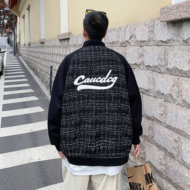 【予約販売】スタジャン ブルゾン ジャンバー バックデザイン 長袖 ツイード アウター ショート丈 ライン メンズ ホワイト/ブラック 無地 お洒落 こなれ感 韓国 ベーシック 秋 冬 大きいサイズ M/L/XL/2XL