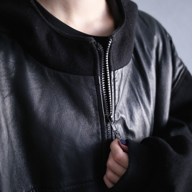 real leather switching sleeve taping and leather patch pocket design hoodie blouson