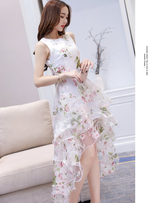即納可能 パーティードレス 上品でセクシーな花柄 ひざ丈 ワンピース ロングドレス ノースリーブ フレア フォーマル 韓国 代 30代 おしゃれ かわいい 春 夏 結婚式 記念日 コーデ ホワイト ピンク 送料無料 Hiro Stylish Shop