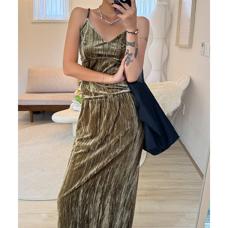 velvet long skirt &camisole setup 10688