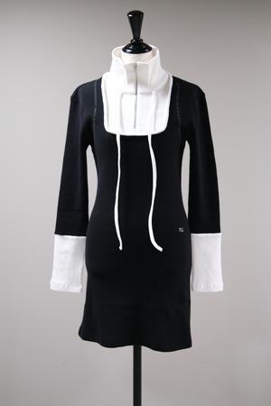【Kijun】Square Half Zip-up Dress - black/off white -