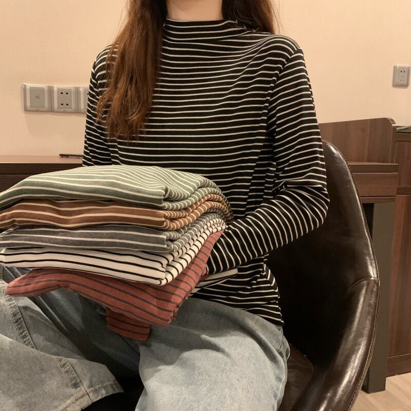 オータムウィンターストライプベルベットTシャツ シャツ レディース長袖スリーブトップス ロング 秋物 冬物 YY-ファッション12349869405