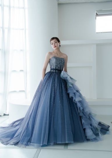 カラードレス 紫青 キラキラチュール ベアトップ フレアスカート 花嫁  