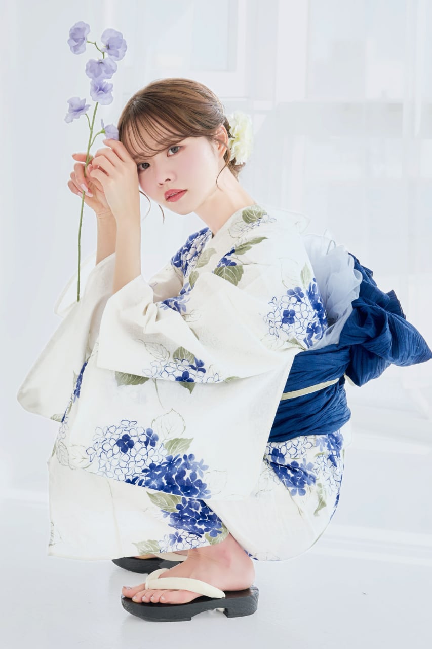 浴衣4点set水彩の紫陽花まつり【帯ネイビー】Y5-15