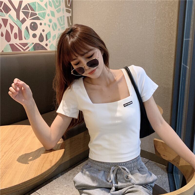 【新作】【送料無料】 女性用スクエアネック半袖Tシャツ、スリムフィット、汎用性の高いハイウエストショートクロップトップ 0323011266188