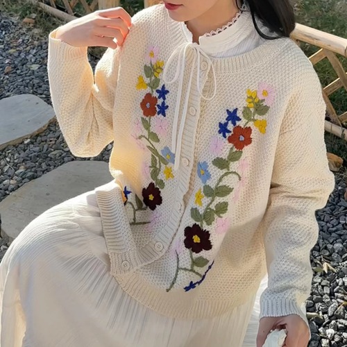 レトロフラワー刺繍ニットカーデ ・12060
