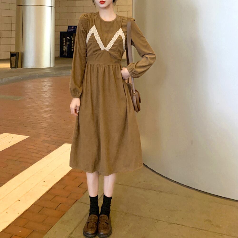 コーデュロイ ワンピース レディース 春秋冬 韓国 レイヤード風 ロングワンピース きれいめ おしゃれ 大人 かわいい ハイウエスト Aライン 重ね着風 大人可愛い 大人女子