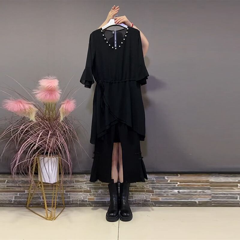 Vネックストレッチウェスト薄手トップス パンツ レッド エラスティック 伸縮 大きめサイズ ミックスインファッション48487545139