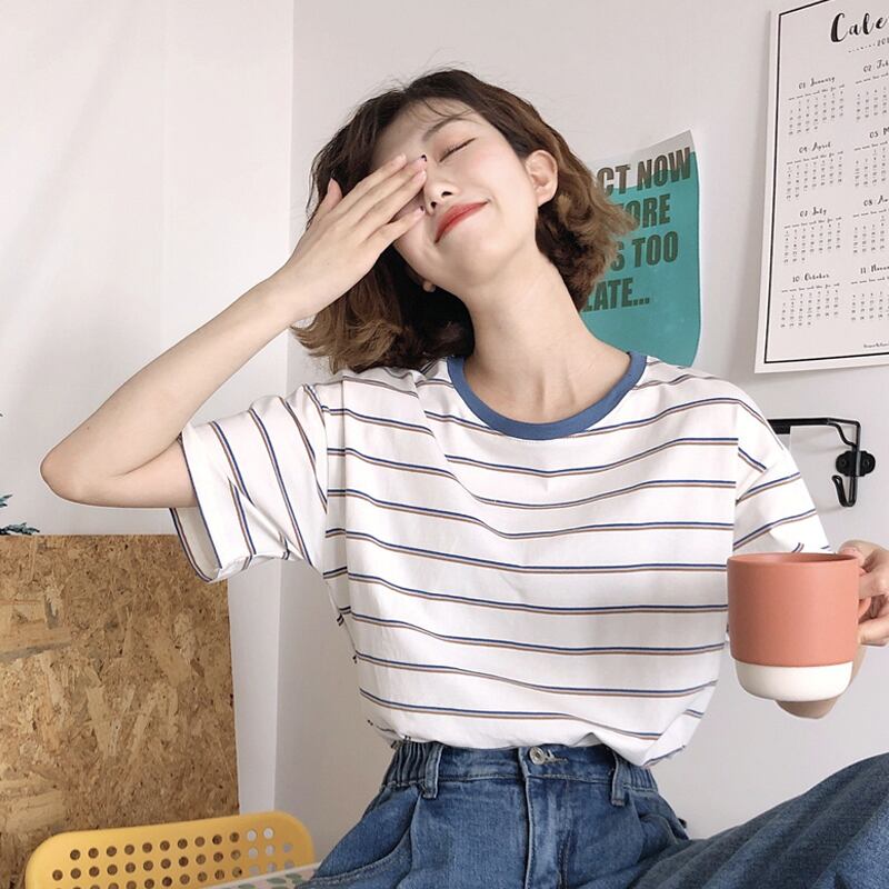 オータムトップス ルーズストライプTシャツ レッド 秋物 試着室33090541092