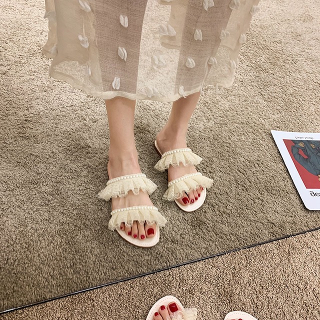 ミュールサマーレッドスタイルレースパールサンダル 靴 シューズ 夏物 真珠 フェイクシューズ51247764035