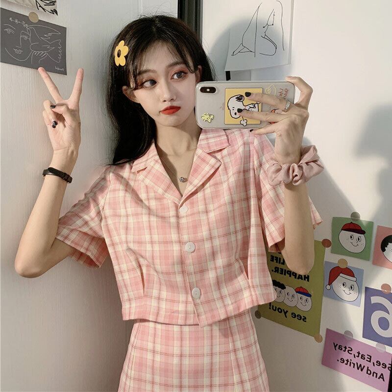 スタイルサマー格子柄シャツ カジュアルショートスカート 大人ガーリー スウィート キュート 夏物 萌量不足75039355769