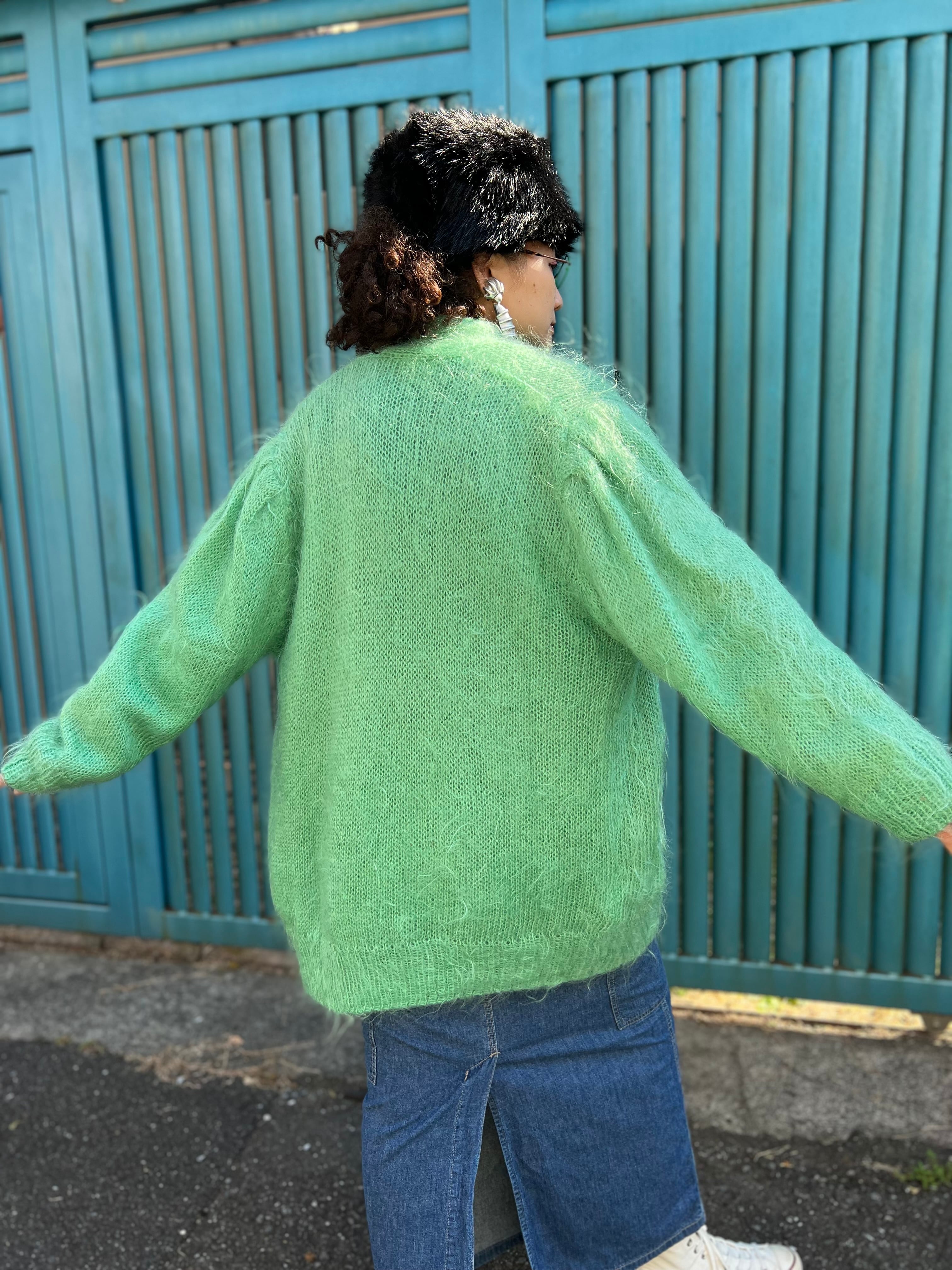 80s melon green × flower appliqué mohair knit coat ( ヴィンテージ
