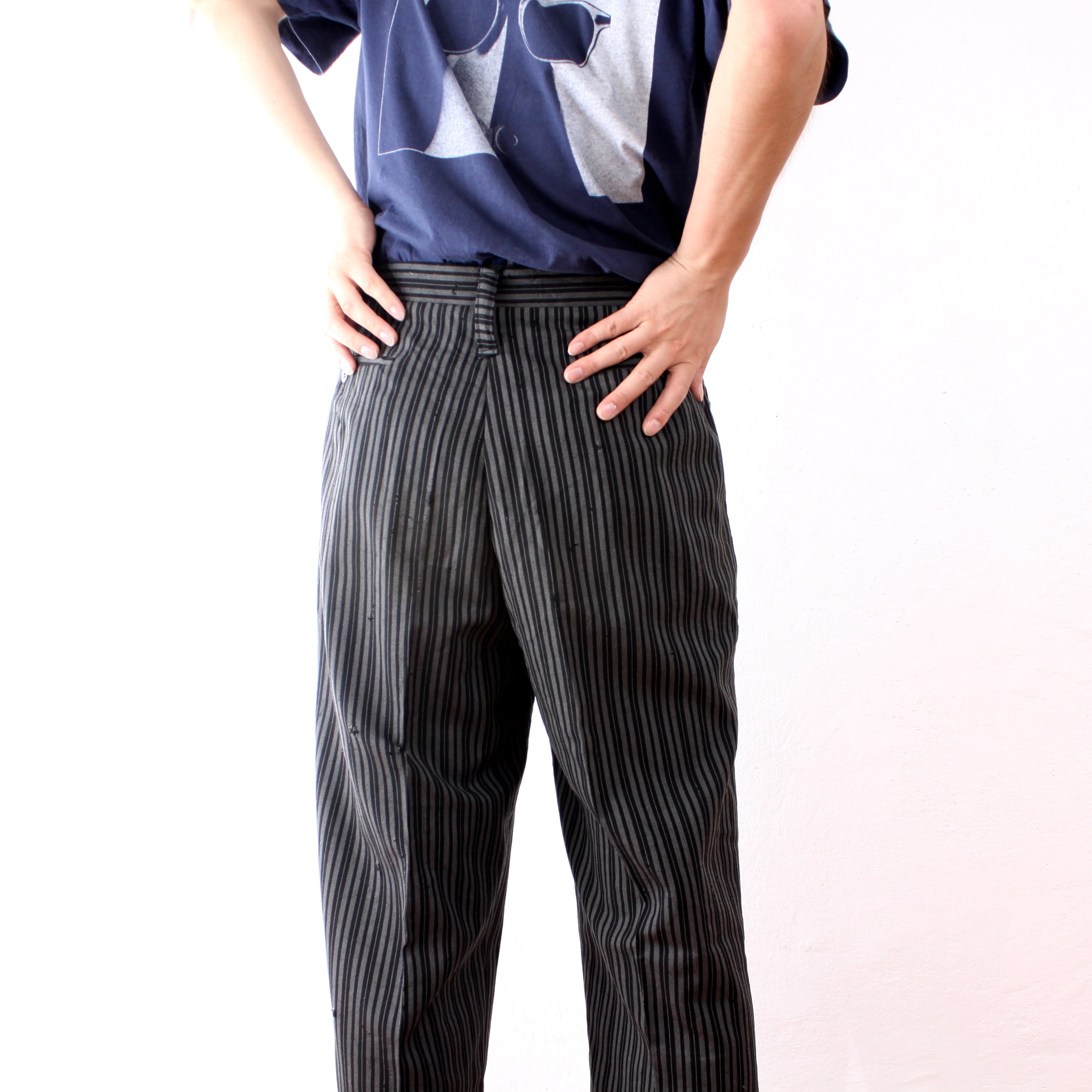 0112. 1960's euro wool slacks ブラック コールパンツ ストライプ