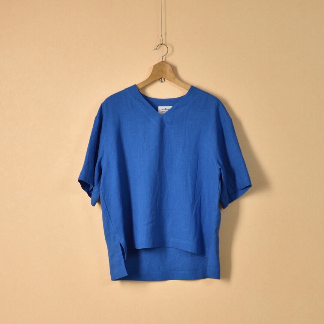 atelier naruse アトリエナルセ リネンVネックスモックブラウス・ブルー