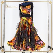 社交ダンス 衣装 スタンダード ドレス ワンピース パーティ 発表会 黒 フリル レース 柄 模様 ブラック系 オレンジ系 伸縮素材 薄い素材 ふんわり広がる Mサイズ レオタード 競技用 衣装 ドレスアップ おしゃれ レディース イベント