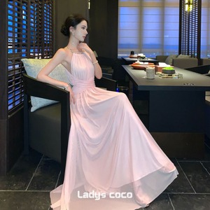 ホルターネック ロングドレス ピンク ビジュー付き パーティードレス キャバドレス 美シルエット MJ2-XBN6-143-72550900