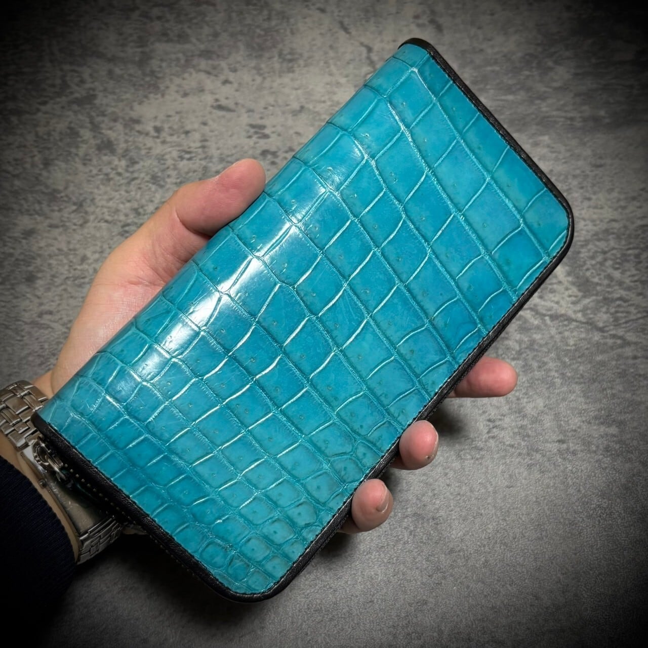 ターコイズカラークロコダイルなが財布 一枚革