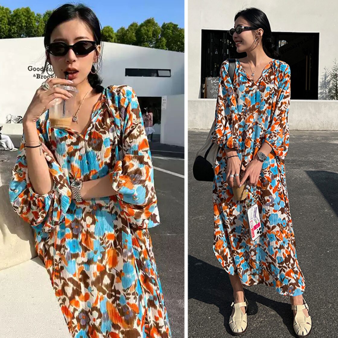 花柄シフォンワンピース レディース ワンピース ロング 長袖 Vネック A 