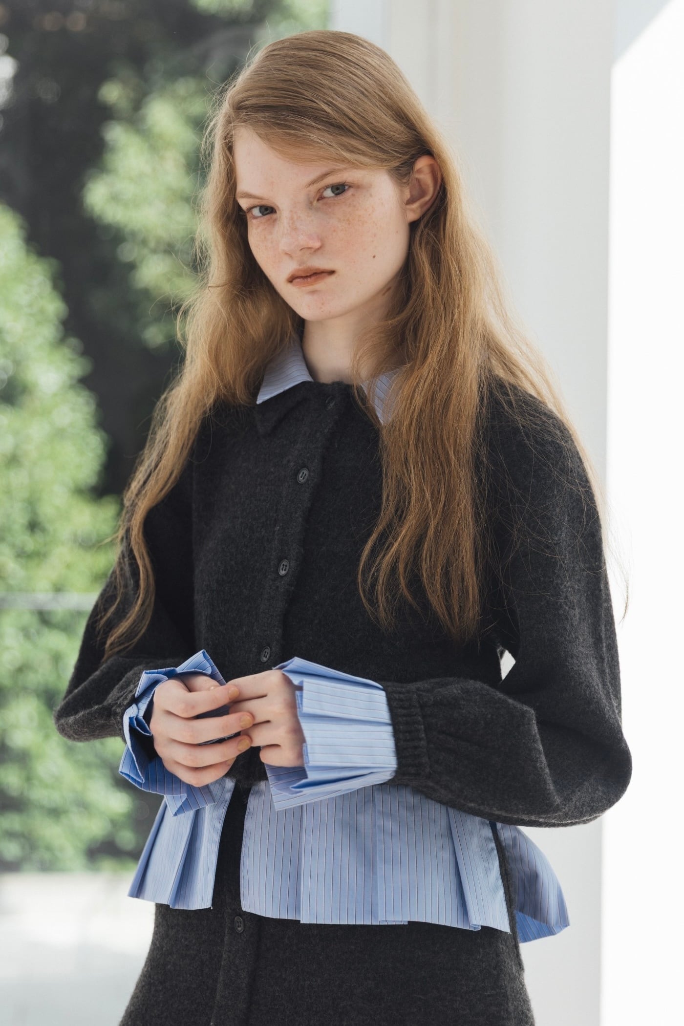 WILLFULLY shirt docking pleats frill cuffs knit CD ドッキング