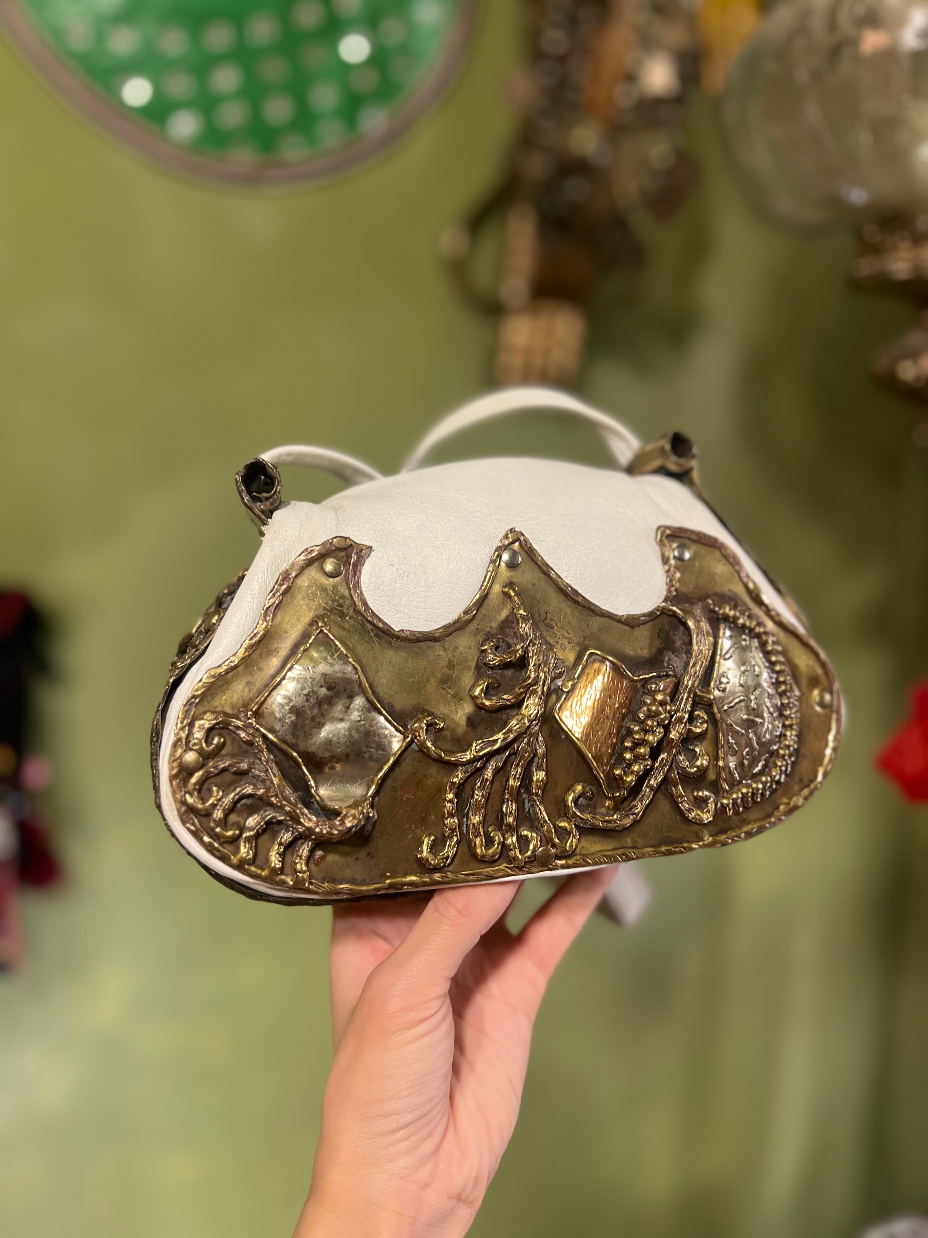 70s Mexican white leather × brass bag ( ヴィンテージ メキシカン ホワイト レザー × 真鍮 ショルダー バッグ )