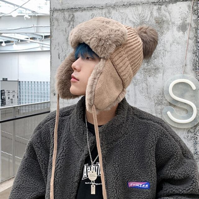 【予約販売】パイロット帽子 メンズ ロシア帽 厚手 ニット ブラック/ベージュ/グレー/オフホワイト 裏起毛 耳当て付き ボア 保温 防寒 防風 暖かい もこもこ ふわふわ アウトドア イヤーウォーマー 耳当て お洒落 韓国 トレンド