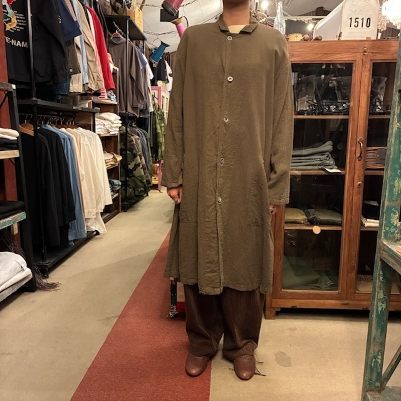 France type Linen work coat　フランスタイプ　リネンワークコート　ブラウン　リネン　ロングコート　ロングジャケット　ユニセックス　軍物　フランス軍　ミリタリー　後染め　リネンコットン