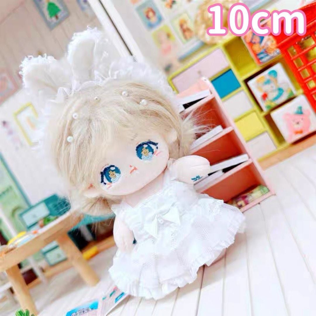 ［B015］ぬい服 いちご ねこ耳 ヘッドドレス+天使の羽 ホワイト 10cm.20cm ぬいぐるみ服 人形 ウエディング風 真っ白ドレス 羽根つき