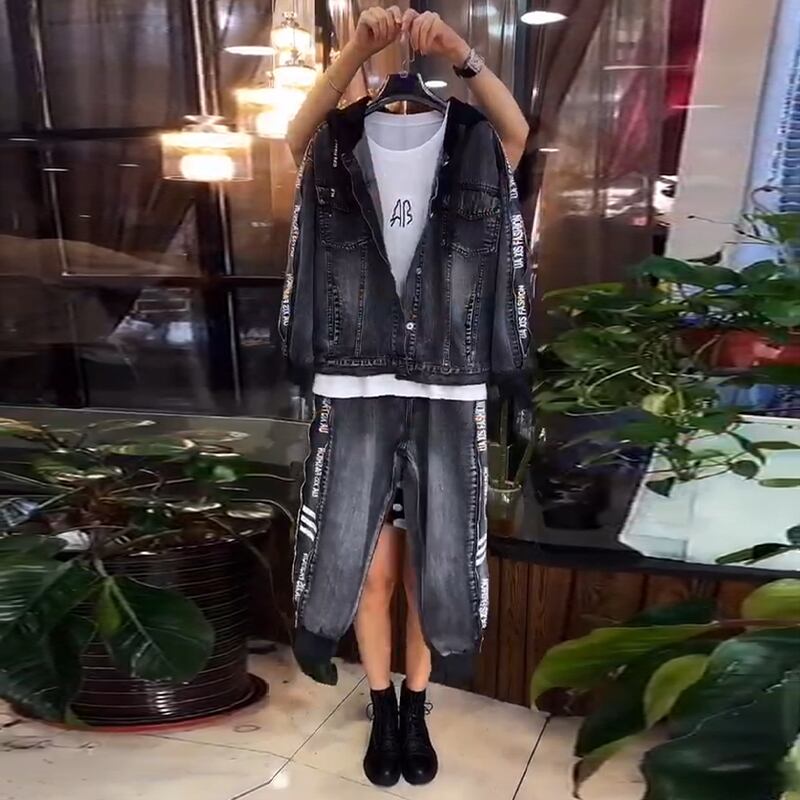 2020秋新作プラスサイズの女性の太った妹痩身スーツ、洋風おしゃれなカバー肉と減量カウボーイツーピーススーツ ミックスインファッション11938811587