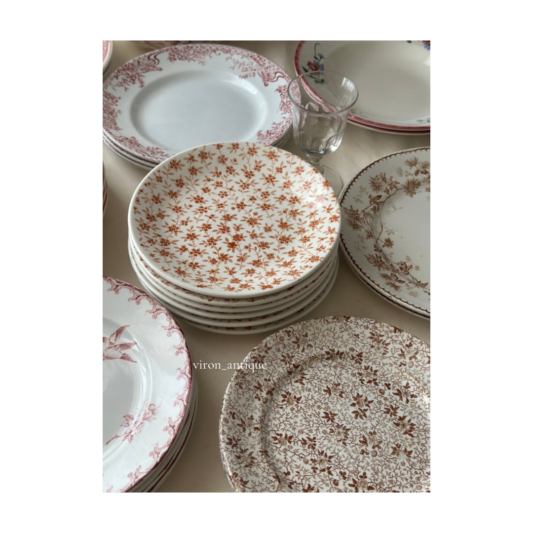 美品　フランス　アンティーク　サルグミンヌ　オレンジブラウンのチンツ柄プレート Sarreguemines サルグミンヌ / orangebrown チンツ柄のデザート