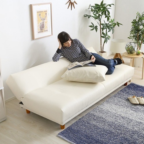 クッション2個付き3段階リクライニングソファベッド レザー3色 ローソファにも 日本製 完成品