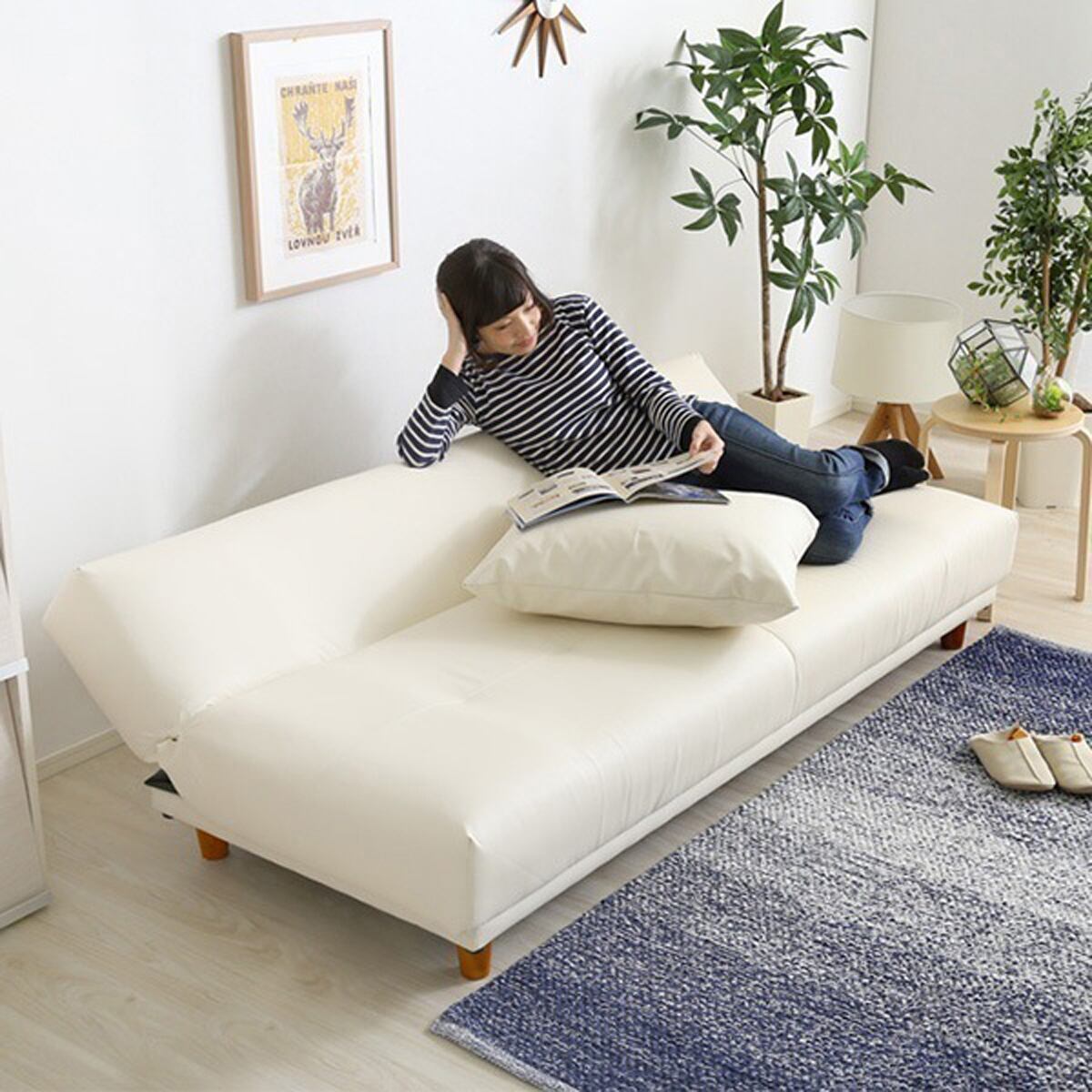 クッション2個付き3段階リクライニングソファベッド レザー3色 ローソファにも 日本製 完成品