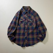 70s USA Lee　襟芯　チェック　フラップポケット　ワーク　長袖シャツ　リー　ネイビー　レッド　イエロー　XL 古着