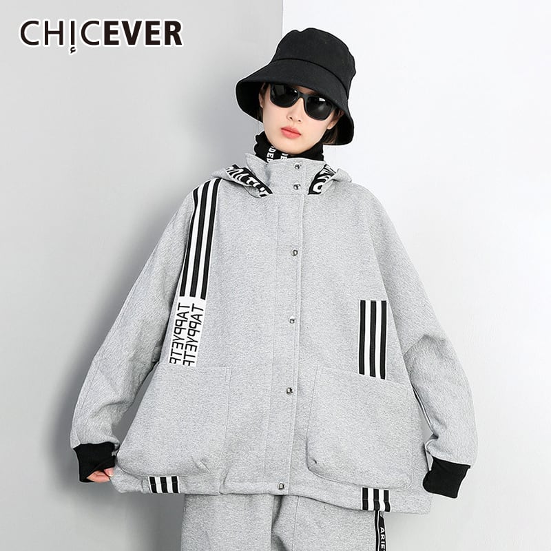 CHICEVERストライプジャケットレディースラペル長袖フード付きヒットカラー特大ルーズコート2020オータムスタイル ロング 秋物 6base589324540238