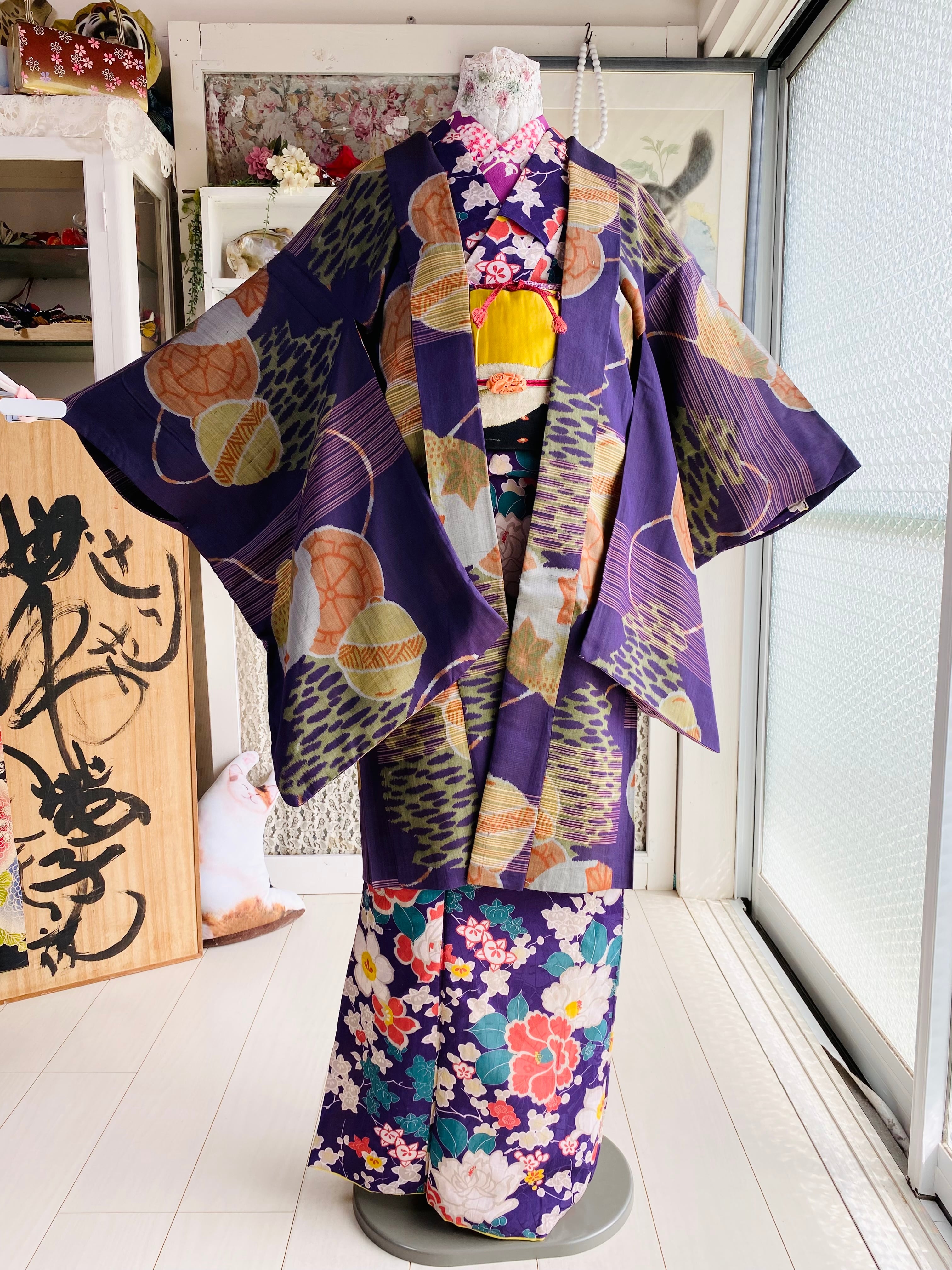 アンティーク長羽織 銘仙】 着物フィ】未使用品 美品 アンティーク 