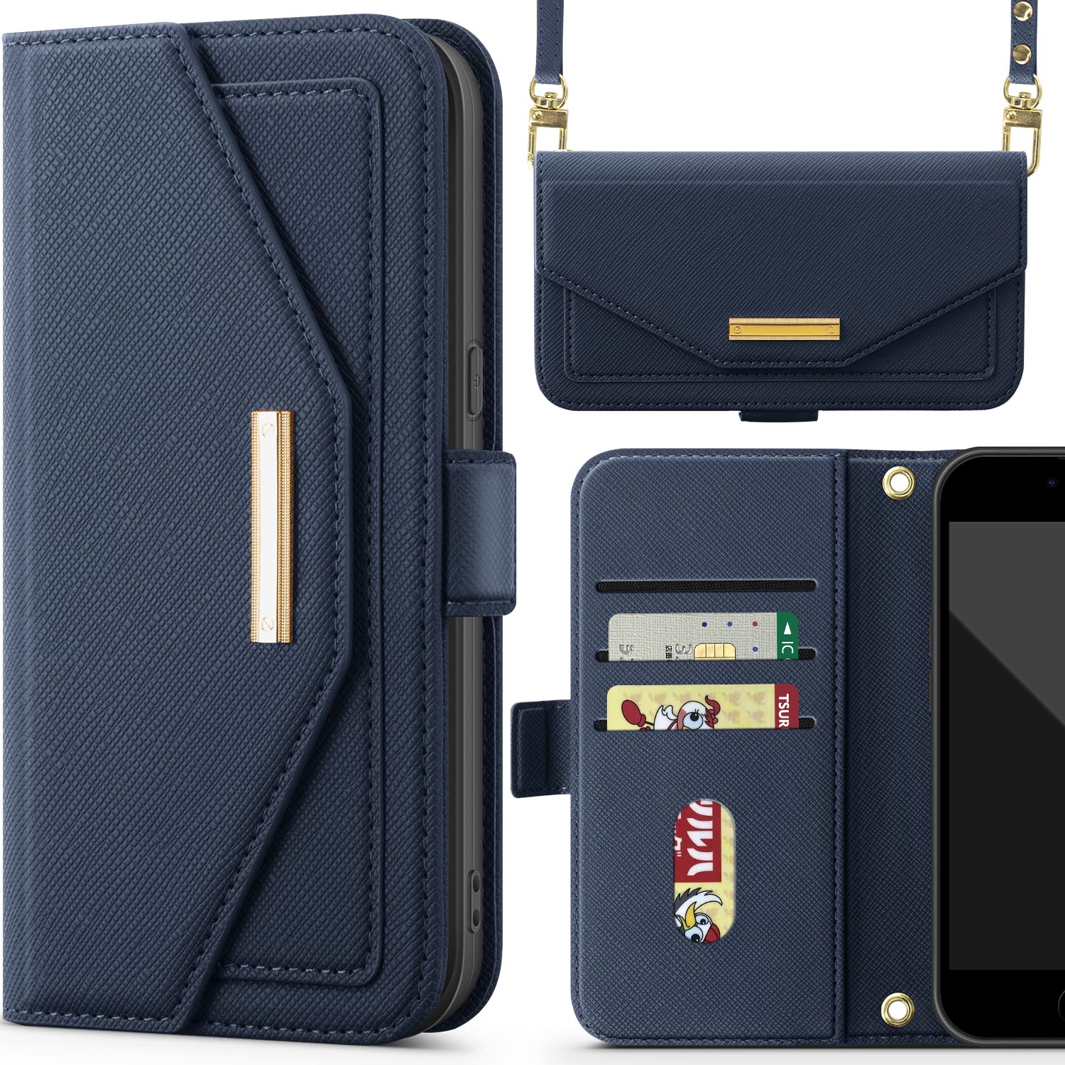 NODALA iPhone 7/8/SE2/SE3 兼用 ケース 手帳型 ショルダー カード収納 財布型 高級PUレザー ブルー