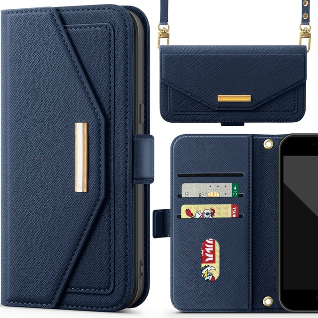 NODALA iPhone 7/8/SE2/SE3 兼用 ケース 手帳型 ショルダー カード収納 財布型 高級PUレザー ブルー