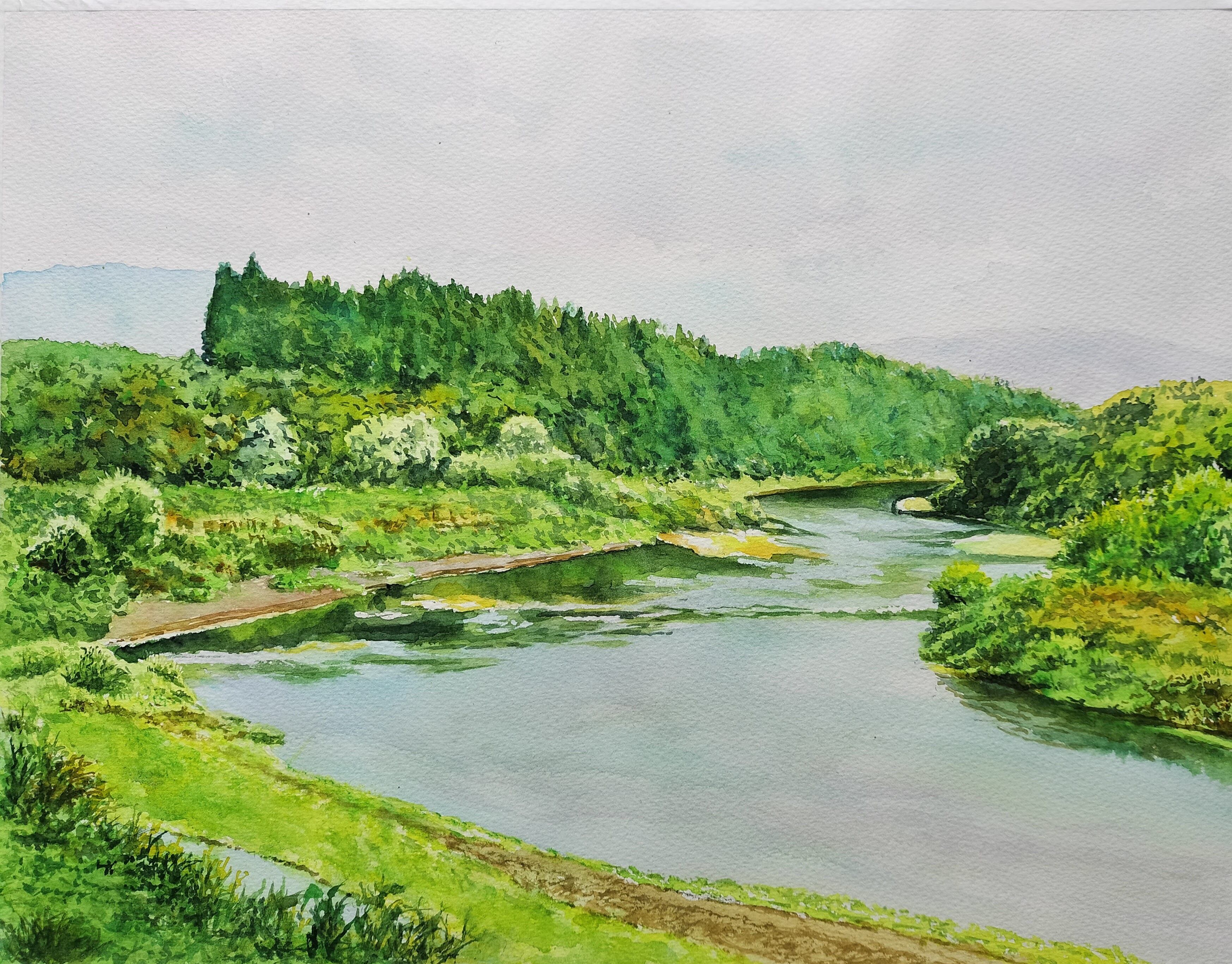 水彩画　作者不詳　橋のある風景(仮題) 額48×55絵29×35cm ￼ 水彩画 作者不詳 橋のある風景(仮題) 額48×55絵29×35cm