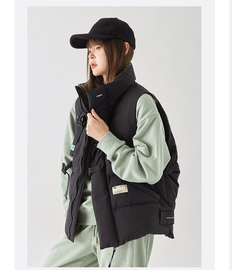 ベスト レディース アウター ハイネック ジッパー ノースリーブ ロゴ