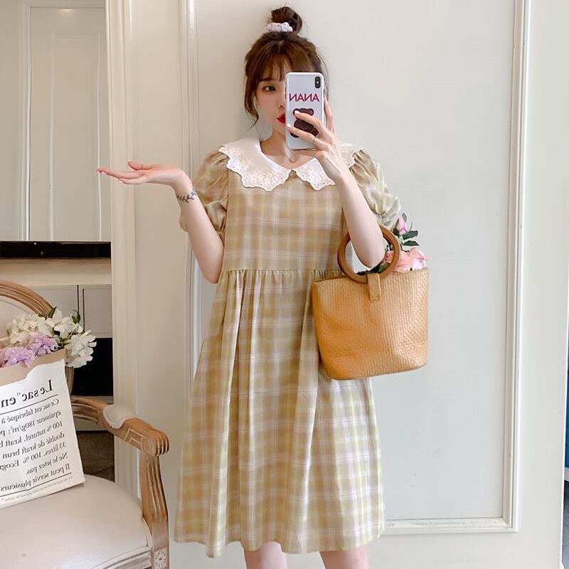【新作】【送料無料】 マタニティドレス2020夏の新しい綿とリネンの格子縞の人形の襟のドレス小さな新鮮なミドル丈のマタニティドレス-アリババ コットン サマー 夏物 expec221600914342