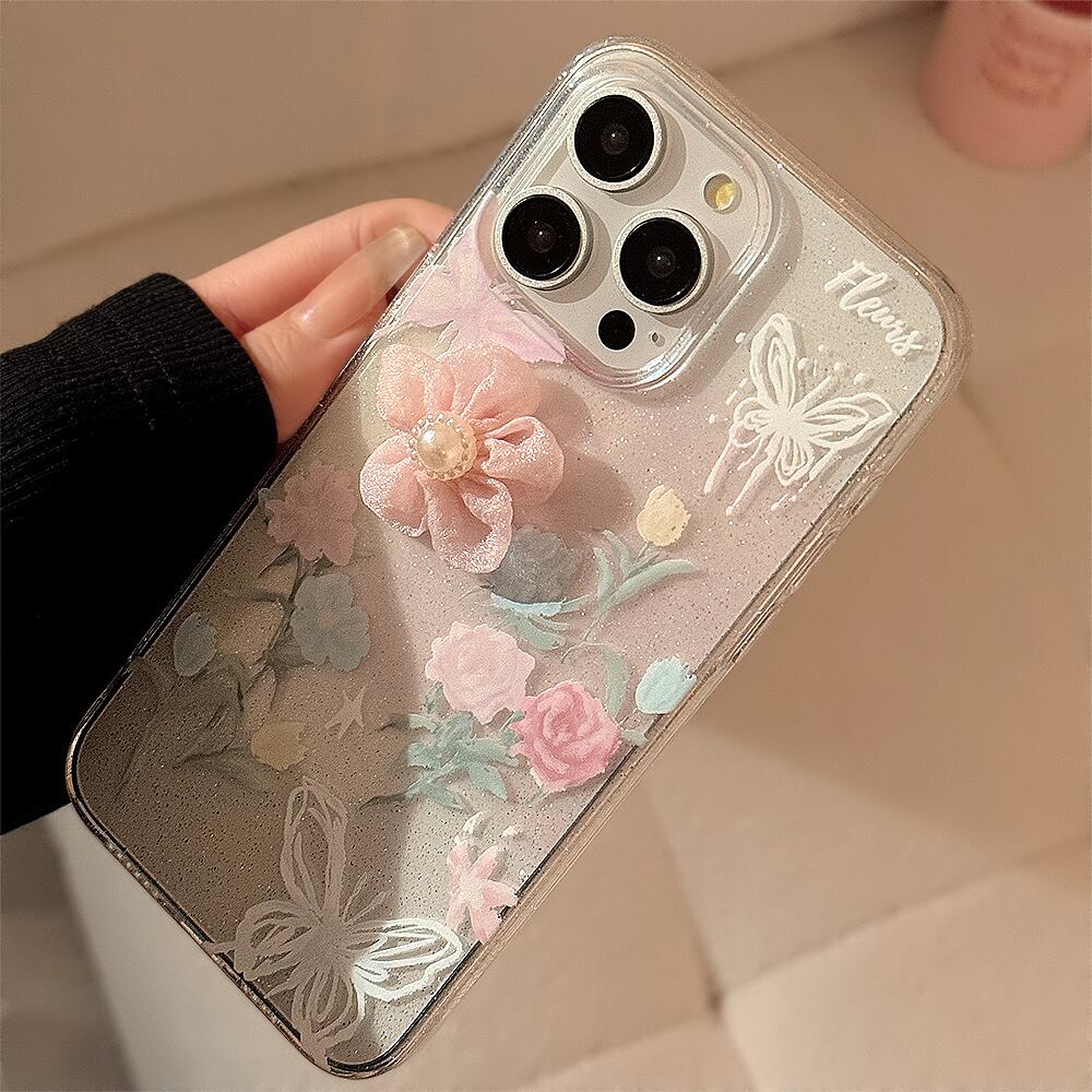 iPhone15対応】お花のデコレーションが可愛い◎クリアケース ラメ背面