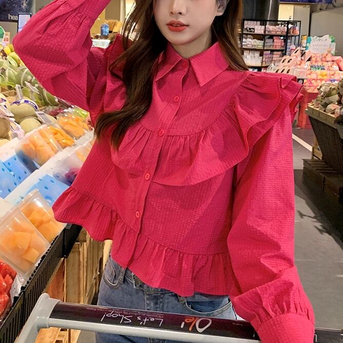 トップス レディース ブラウス 2カラー M L XL ピンク ホワイト カラバリ シャツ 長袖 パフスリーブ 無地 襟付き フリル バックコンシャス 華やか シンプル きれいめ フェミニン キュート ガーリー 大人可愛い おしゃれ 普段使い デート お出かけ 女子会 休日 旅行 通勤 通学 お呼ばれ 着まわし 存在感 こなれ感 韓国系 オルチャン ファッション コーデ スタイル モテ 春 秋 10代 20代 30代 40代 送料無料