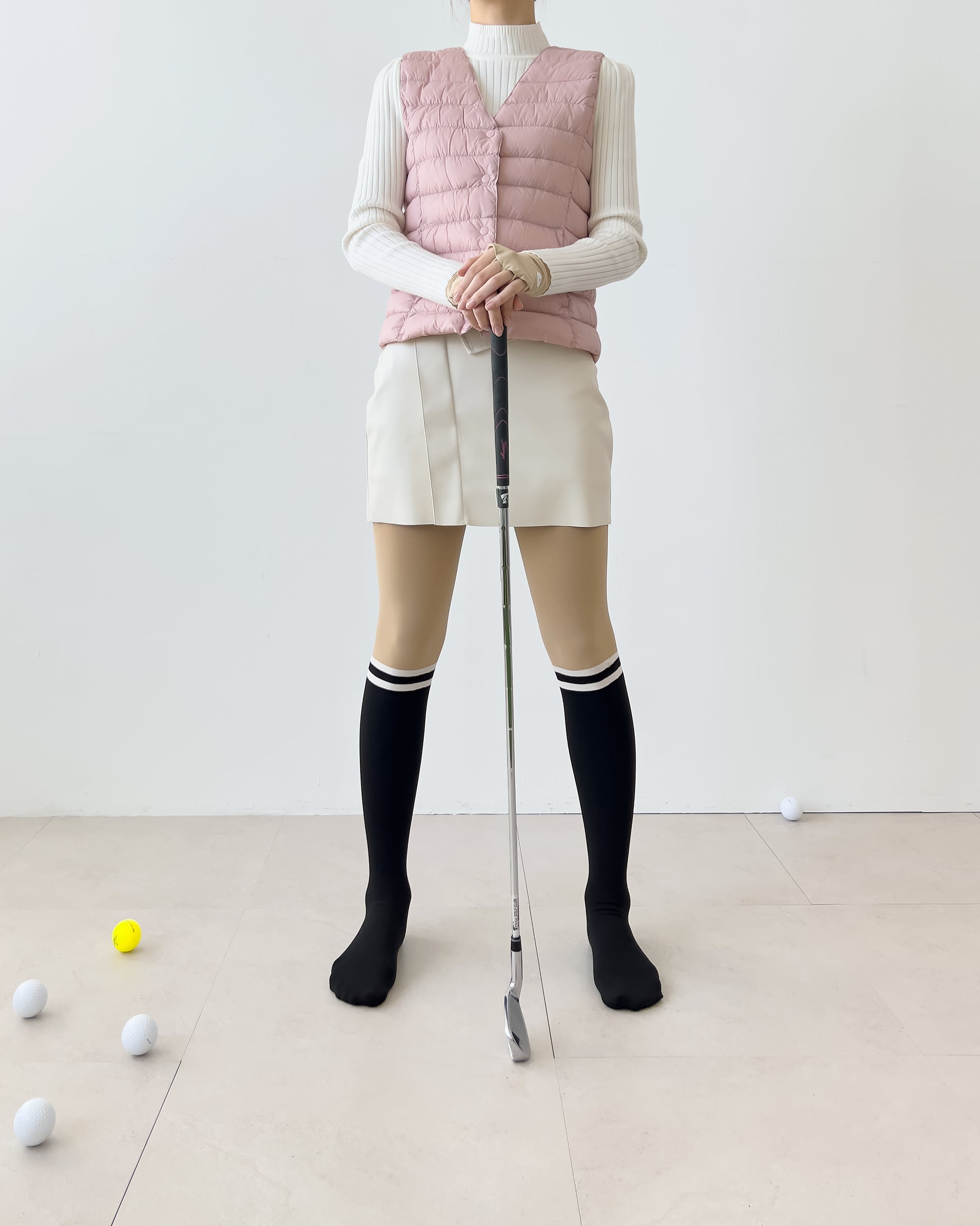 *即納*冬用GOLF ringle knee socks tights(Black / White)