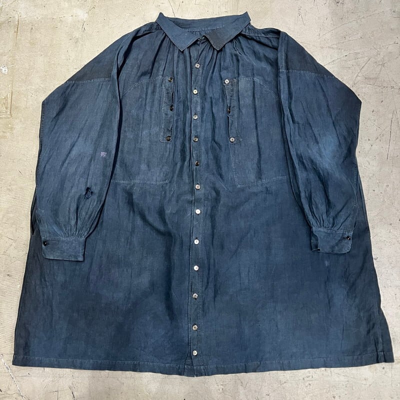 フレンチヴィンテージ 19世紀 羊飼いのブラックインディゴリネンスモック Black Indigo Linen Smock フランス アンティーク ユーロ マキニョン VINTAGE トップス【フレンチヴィンテージ】